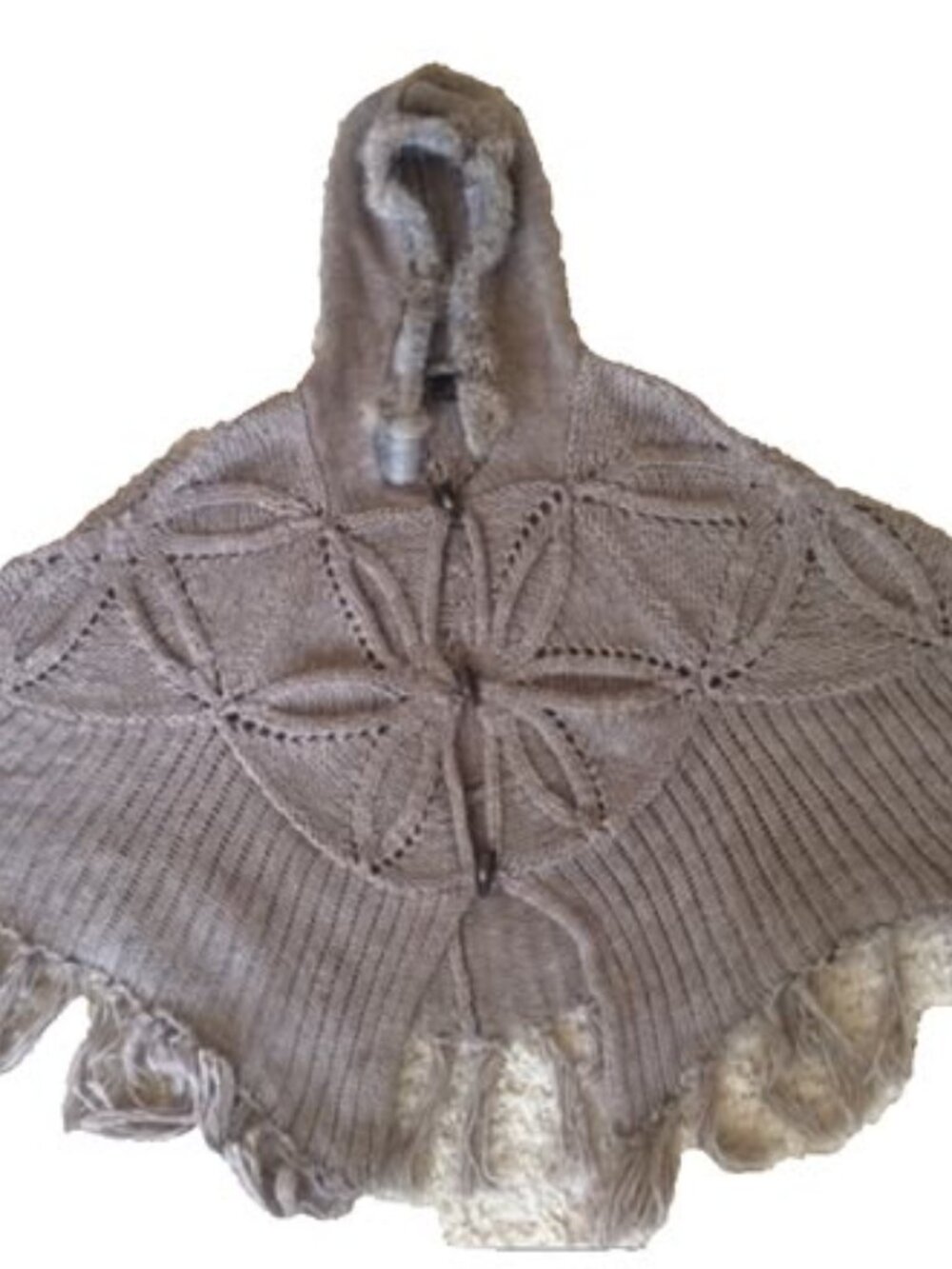 Line Poncho Brown Large Rabbit Fur Trim Hood Knit Warm Tassels